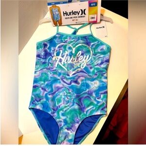 Hurley NEW Girls Size 10-12 One Piece Swimsuit Purple Blue Green Silver Heart